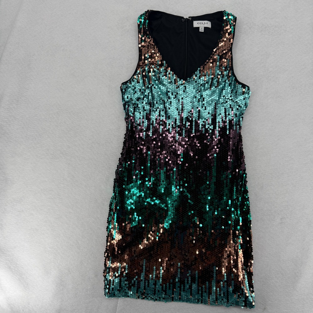 Gilli Womens Sequin Ombre V-Neck Mini Dress Teal Green Bronze MD6733G Size S
